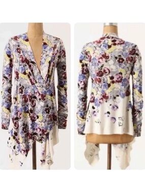 Anthro Guinevere Bramble Waves Floral Wrap Waterfall Cardigan Sweater